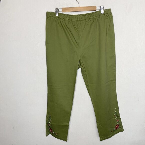 Suzanne Somers Green Floral Embroidered Elastic‎ Waist Pull On Pants Women’s 1X - Picture 1 of 10